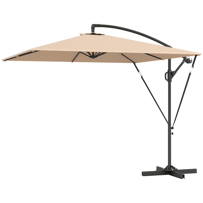 Outsunny - Patio Offset Umbrella UPF 50+ UV Protection, Crank Parasol with Base, Cover & Wind Securing, Khaki — 84D-419V00KK