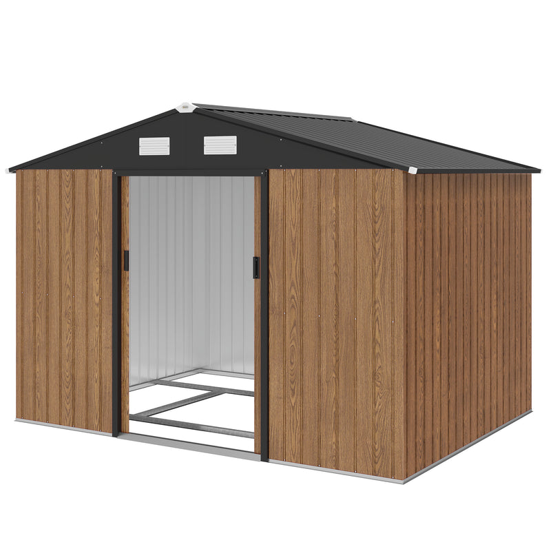 9.1'x6.4'x6.3' Garden Storage Shed, Outdoor Storage Tool House with Vents, Foundation and Lockable Double Doors, Teak