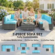 Outsunny - 7 Pieces Outdoor Rattan Furniture Set, Patio Wicker Sectional Conversation Sofa Set, Blue