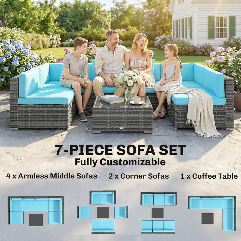 Outsunny - 7 Pieces Outdoor Rattan Furniture Set, Patio Wicker Sectional Conversation Sofa Set, Blue
