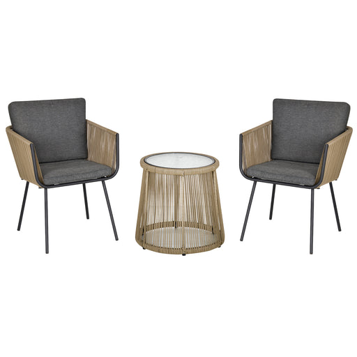 Outsunny - 3 Pieces Wicker Patio Furniture Set, Rattan Bistro Set with Coffee Table and Cushions, Outdoor Conversation Set for Garden, Porch, Balcony, Grey