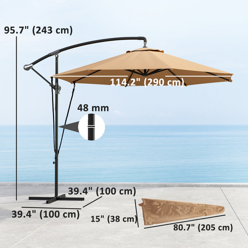 Outsunny - 9.5' Cantilever Umbrella with Wind Protection Strap and Cover, Hanging Umbrella with Crank and Cross Base, Khaki — 84D-394V00KK