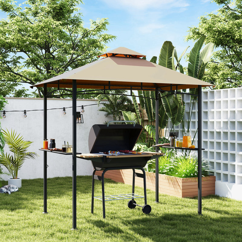 Outsunny - 8' x 5' BBQ Grill Gazebo Tent with Double Tiered Canopy for Outdoor Sun Shade, Khaki