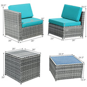 Costway - 8 Piece Wicker Sofa Rattan Dinning Set Patio Furniture with Storage Table-Turquoise
