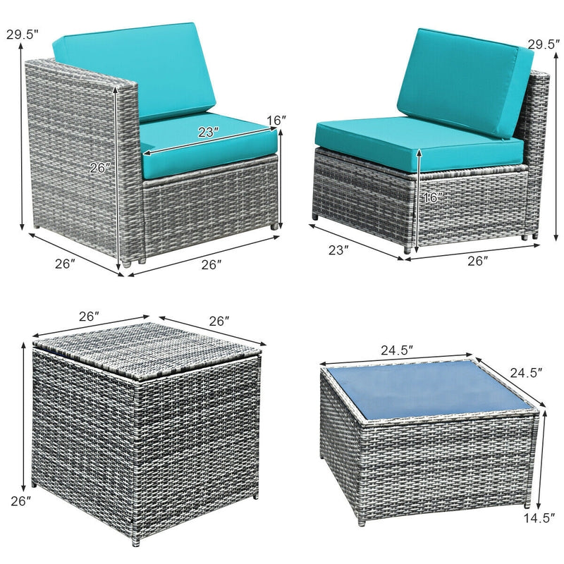 Costway - 8 Piece Wicker Sofa Rattan Dinning Set Patio Furniture with Storage Table-Turquoise