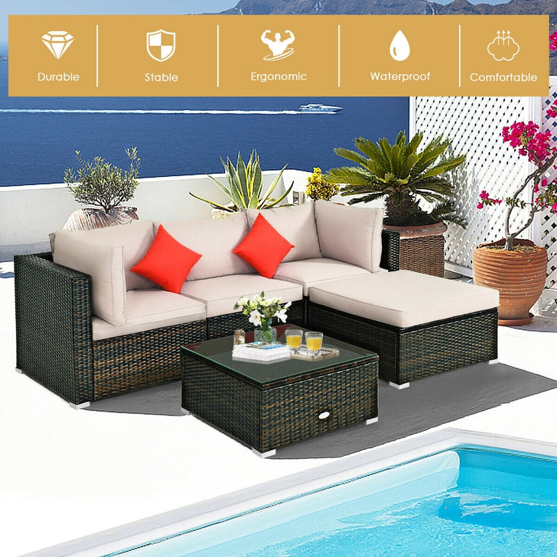Costway - 5 Pieces Outdoor Patio Rattan Furniture Set Sectional Conversation with Cushions-Beige