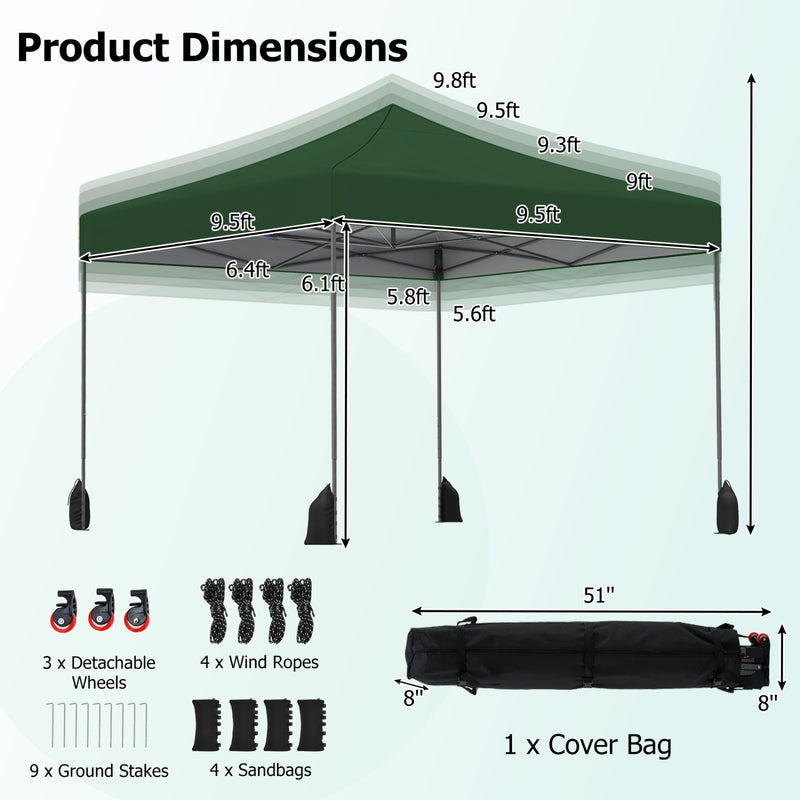 Costway - 9.5 x 9.5 Feet Pop up Canopy Tent with Adjustable Heights-Green