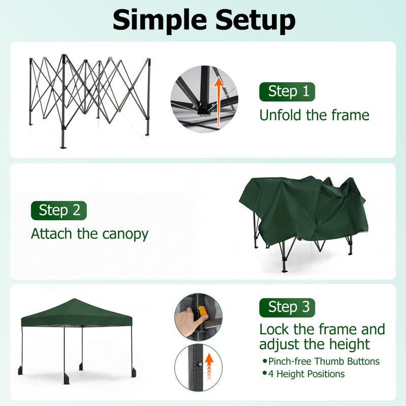 Costway - 9.5 x 9.5 Feet Pop up Canopy Tent with Adjustable Heights-Green