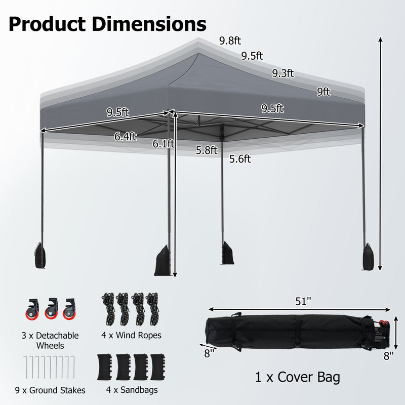 Costway - 9.5 x 9.5 Feet Pop up Canopy Tent with Adjustable Heights-Gray