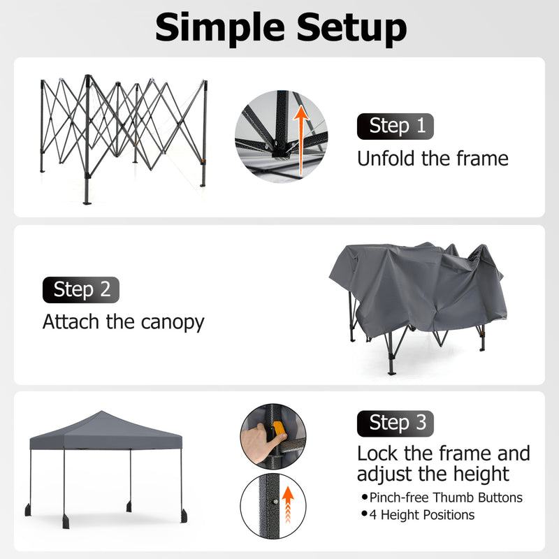 Costway - 9.5 x 9.5 Feet Pop up Canopy Tent with Adjustable Heights-Gray