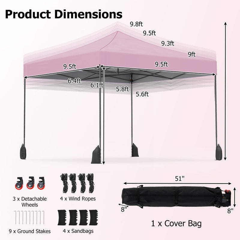 Costway - 9.5 x 9.5 Feet Pop up Canopy Tent with Adjustable Heights-Pink