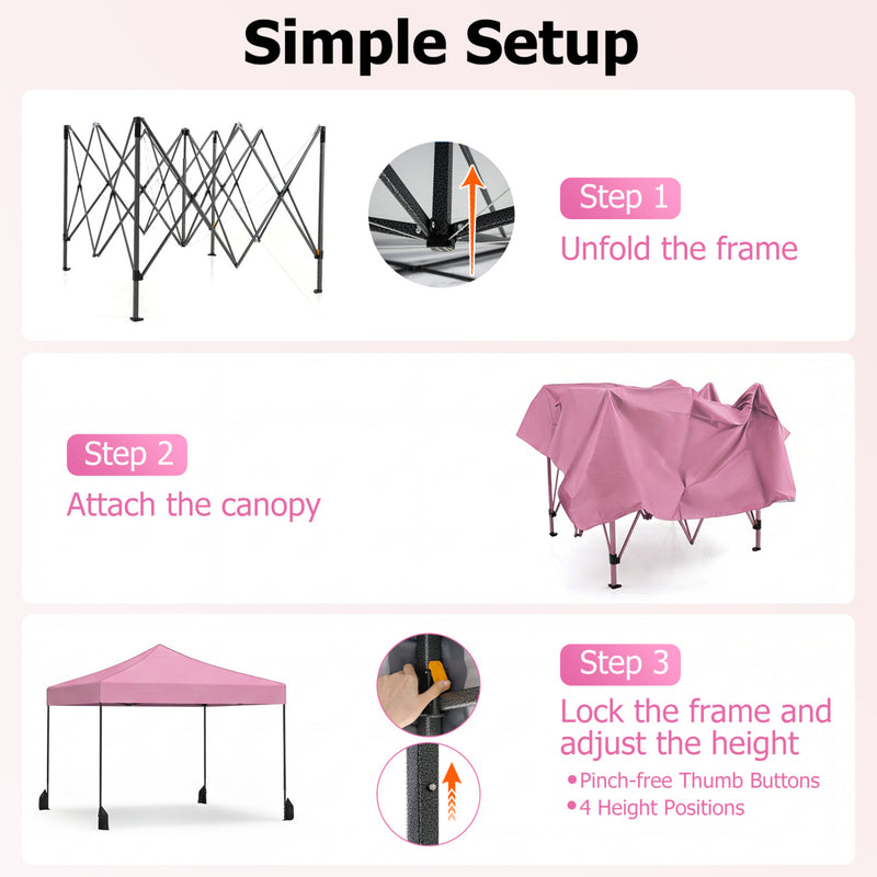 Costway - 9.5 x 9.5 Feet Pop up Canopy Tent with Adjustable Heights-Pink