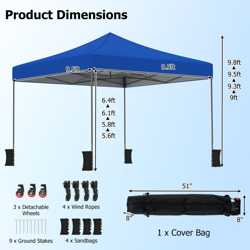 Costway - 9.5 x 9.5 Feet Pop up Canopy Tent with Adjustable Heights-Blue
