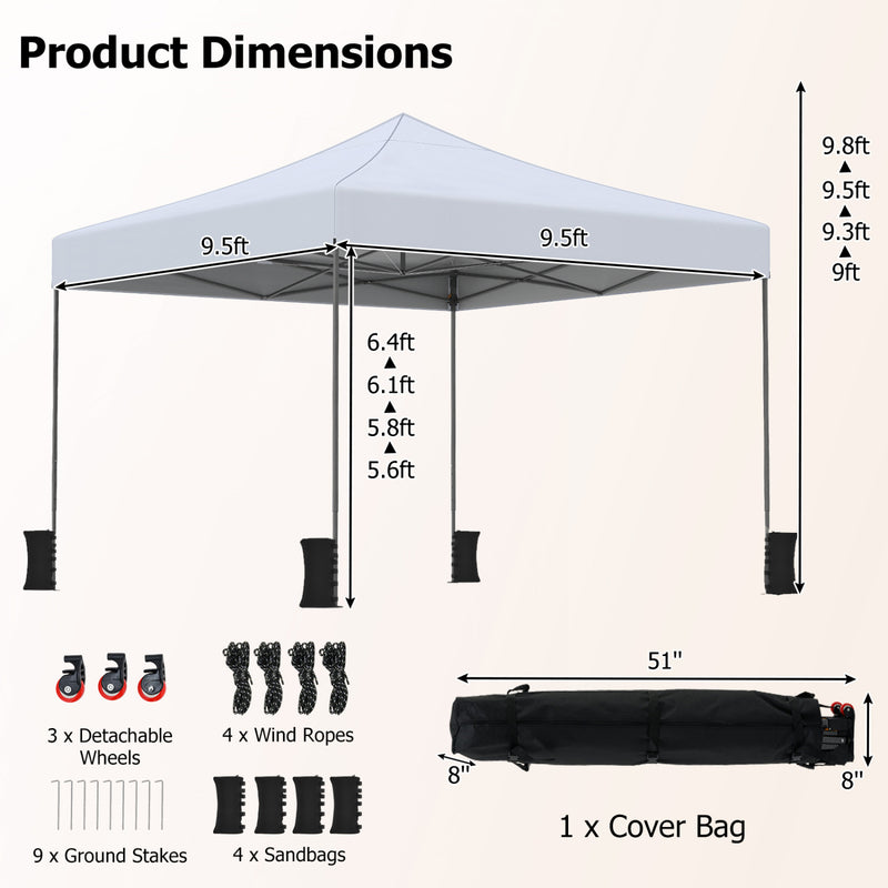 Costway - 9.5 x 9.5 Feet Pop up Canopy Tent with Adjustable Heights-White