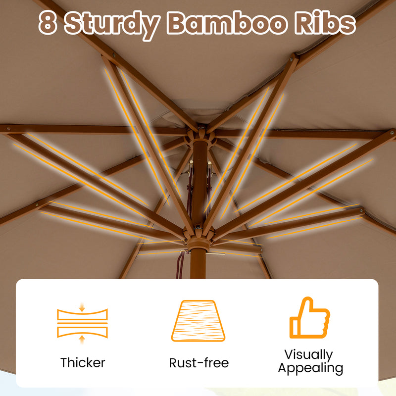 Costway - 9 FT Patio Umbrella Outdoor Table Market Umbrella with 8 Sturdy Bamboo Ribs-Brown