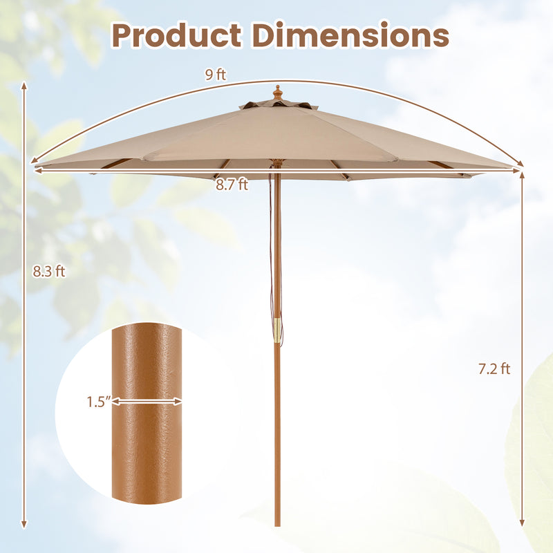 Costway - 9 FT Patio Umbrella Outdoor Table Market Umbrella with 8 Sturdy Bamboo Ribs-Brown