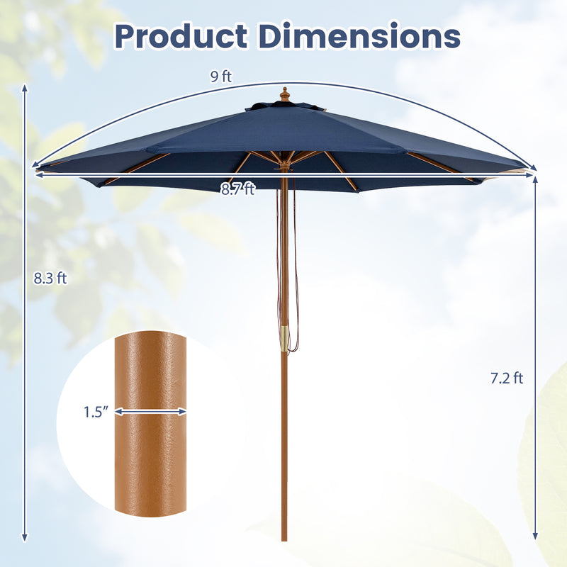Costway - 9 FT Patio Umbrella Outdoor Table Market Umbrella with 8 Sturdy Bamboo Ribs-Navy