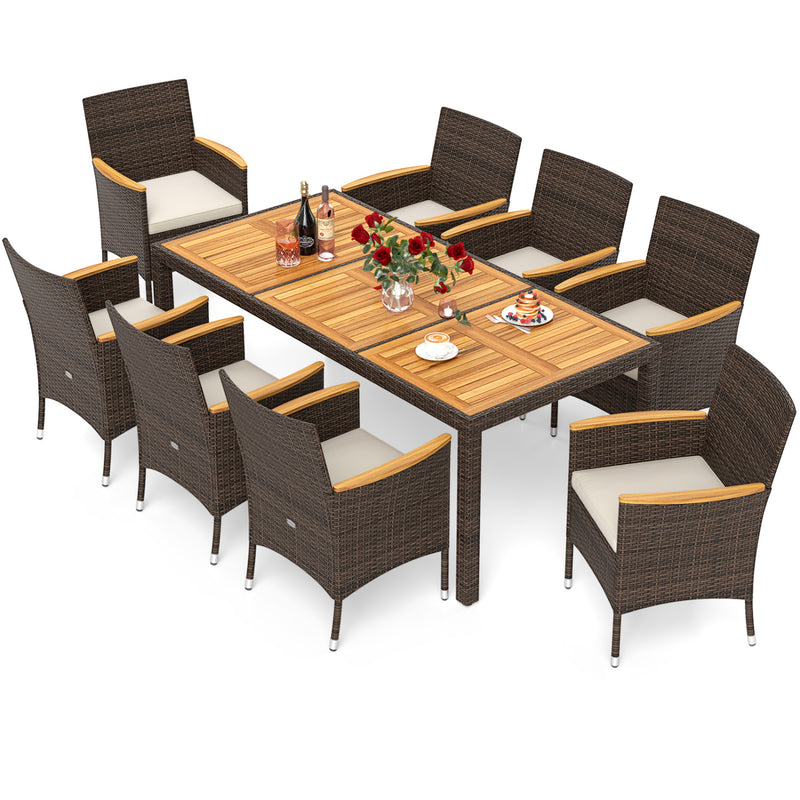 Costway - 9 Piece Outdoor Dining Set with Acacia Wood Table Top-Beige