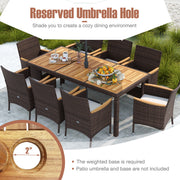 Costway - 9 Piece Outdoor Dining Set with Acacia Wood Table Top-Beige
