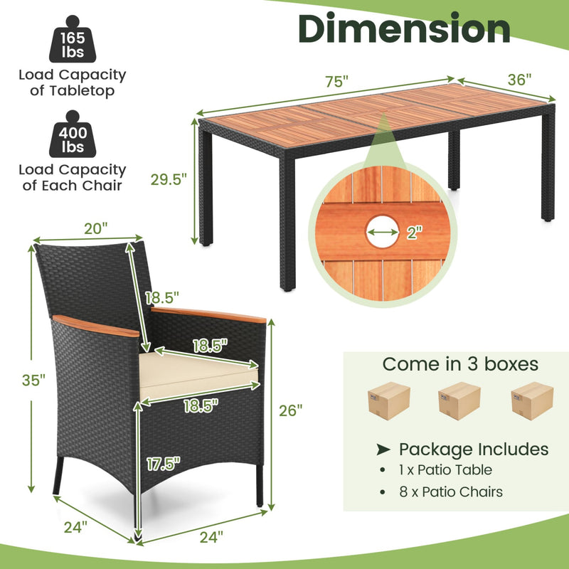 Costway - 9 Pieces Outdoor Dining Set with Acacia Wood Tabletop