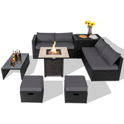 Costway - 9 Pieces Outdoor PE Rattan Wicker Sectional Sofa with 42 Inch Gas Fire Pit Table-Gray