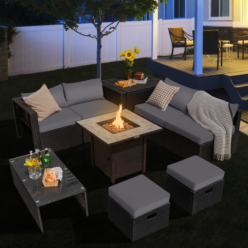 Costway - 9 Pieces Outdoor PE Rattan Wicker Sectional Sofa with 42 Inch Gas Fire Pit Table-Gray