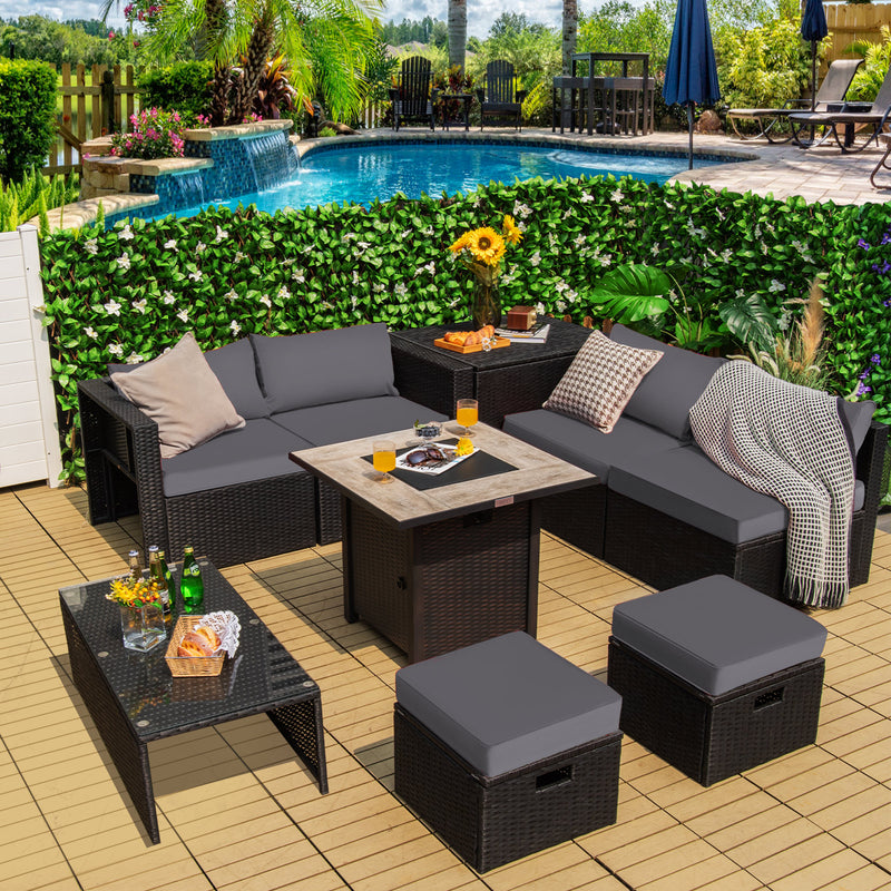 Costway - 9 Pieces Outdoor PE Rattan Wicker Sectional Sofa with 42 Inch Gas Fire Pit Table-Gray
