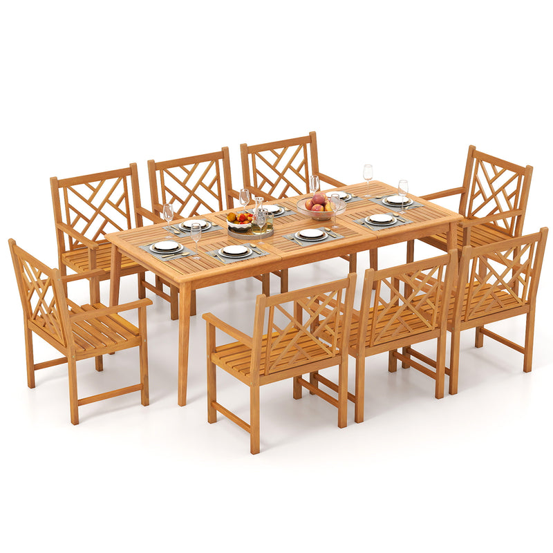 Costway - 9-Pieces Patio Dining Table Set Wood Rectangular Dining Table with 8 Chairs and Slatted Tabletop