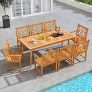 Costway - 9-Pieces Patio Dining Table Set Wood Rectangular Dining Table with 8 Chairs and Slatted Tabletop