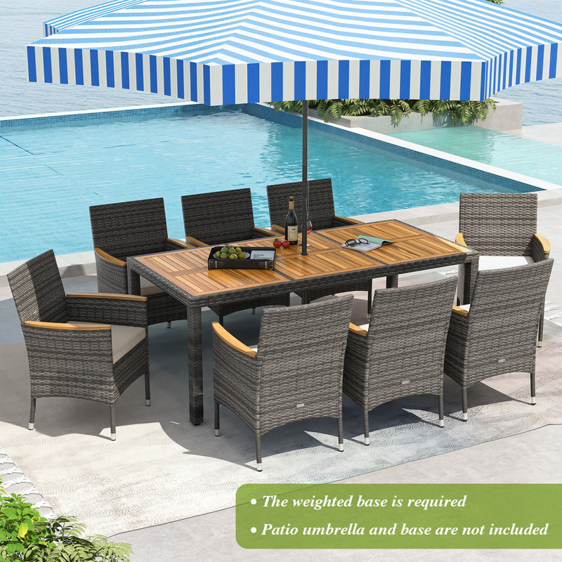 Costway - 9 Pieces Rattan Patio Dining Set with Acacia Wood Table and Cushioned Chair