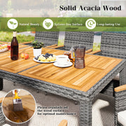 Costway - 9 Pieces Rattan Patio Dining Set with Acacia Wood Table and Cushioned Chair