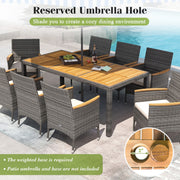 Costway - 9 Pieces Rattan Patio Dining Set with Acacia Wood Table and Cushioned Chair