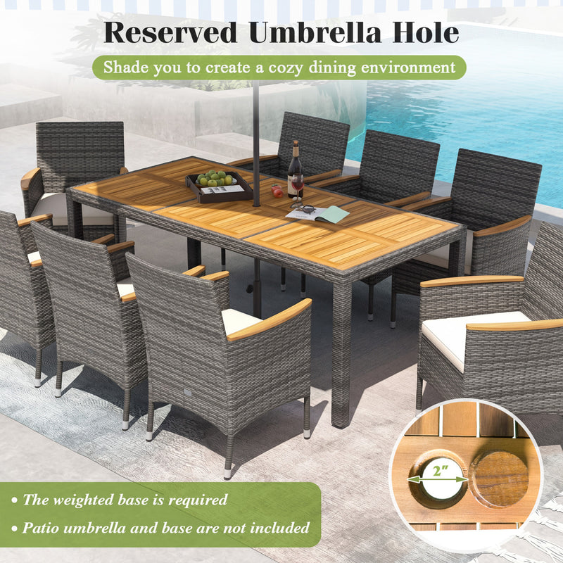 Costway - 9 Pieces Rattan Patio Dining Set with Acacia Wood Table and Cushioned Chair