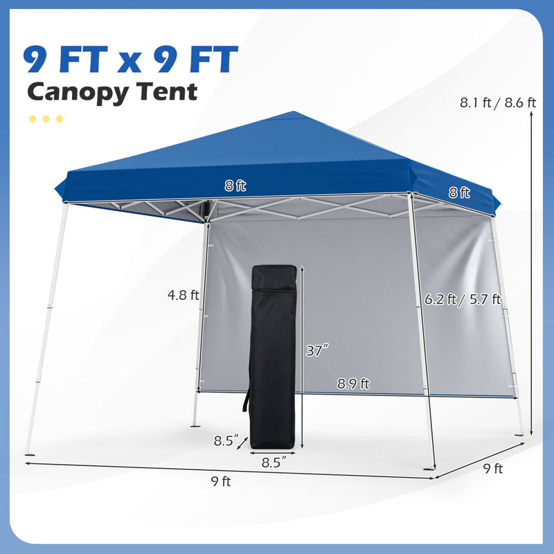 Costway - 9 ft x 9 ft  Pop Up Canopy Tent with 8 Ground Stakes 4 Wind Ropes and Carry Bag  for Outdoor Party-Blue