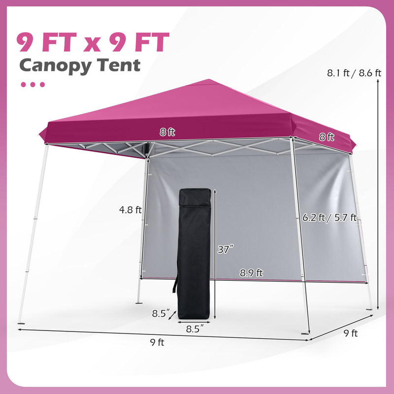 Costway - 9 ft x 9 ft  Pop Up Canopy Tent with 8 Ground Stakes 4 Wind Ropes and Carry Bag  for Outdoor Party-Pink