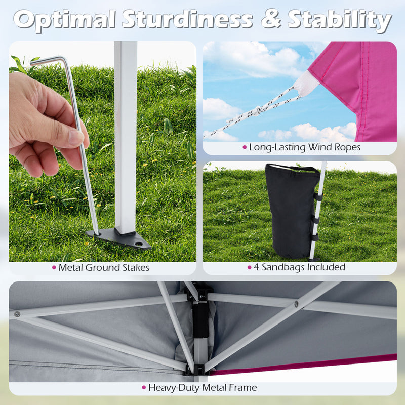 Costway - 9 ft x 9 ft  Pop Up Canopy Tent with 8 Ground Stakes 4 Wind Ropes and Carry Bag  for Outdoor Party-Pink