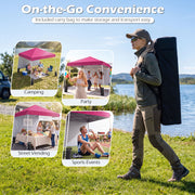 Costway - 9 ft x 9 ft  Pop Up Canopy Tent with 8 Ground Stakes 4 Wind Ropes and Carry Bag  for Outdoor Party-Pink