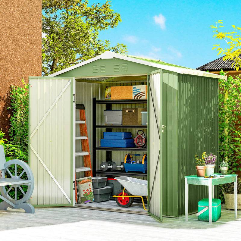 6.5' x 4' Outdoor Storage Shed, Metal Garden Shed with Lockable Double Doors, 4 Vents, Light Green