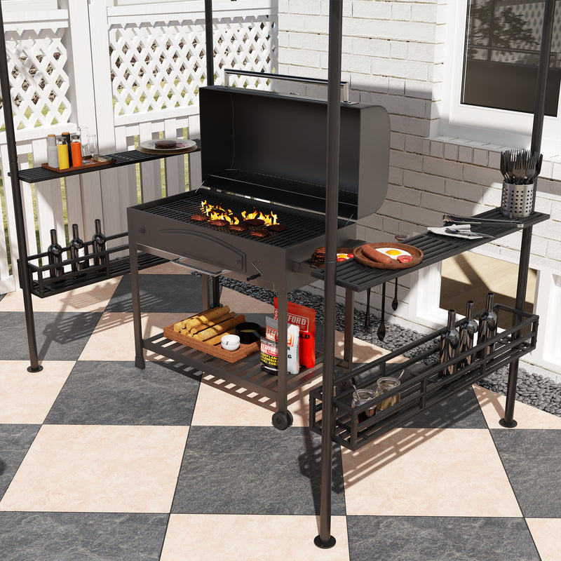 Outsunny - 8' x 5' Barbecue Gazebo, 2-Tier BBQ Gazebo with 2 Side Shelves, Storage Basket, Hanging Hooks, Dark Grey