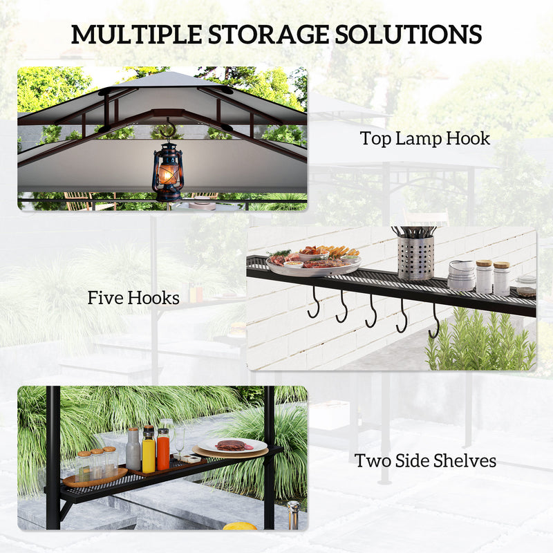 Outsunny - 8' x 7.6' Grill Gazebo, Double Tiered Barbecue Grill Gazebo Shelter w/ Side Awning, 2 Side Shelves, 6 Hooks, Dark Grey