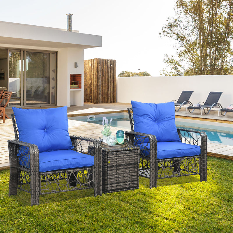 Outsunny - 3 Pieces Wicker Patio Furniture Set, Rattan Bistro Set with Storage Coffee Table and Thickened Cushions, Outdoor Conversation Set for Garden, Porch, Balcony, Blue