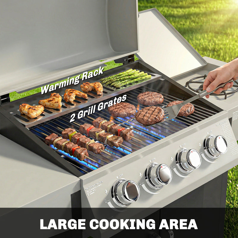 Outsunny - 4+1 Burner Liquid Propane Gas Grill, Outdoor Portable BBQ Grill with Side Burner, Warming Rack, Side Shelf