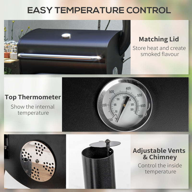 Outsunny - Charcoal Barbecue Grill, BBQ with Thermometer, Shelves and Wheels, Black
