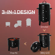 Outsunny - 3-in-1 Vertical Charcoal BBQ Smoker, 16" Round Barbecue Grill with 2 Cooking Areas and Thermometer, Black