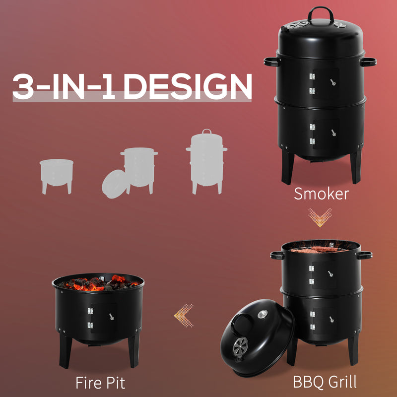 Outsunny - 3-in-1 Vertical Charcoal BBQ Smoker, 16" Round Barbecue Grill with 2 Cooking Areas and Thermometer, Black