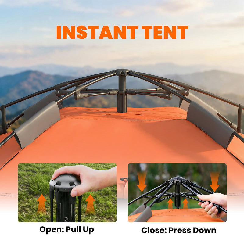 Outsunny - Pop up Camping Tent, 3-4 Man Family Tent, 3000mm Waterproof, with Carry Bag and Top Hook, Dark Grey and Orange
