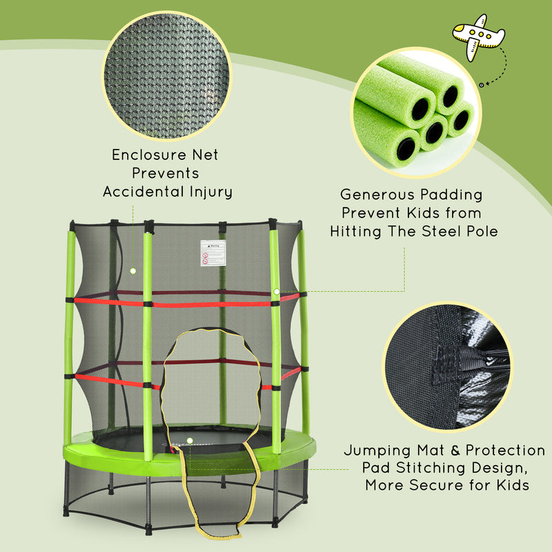 Aosom 55" Kids Trampoline with Enclosure Net for Indoor/Outdoor, Trampoline for Boys and Girls Age 3-6 Years, Green