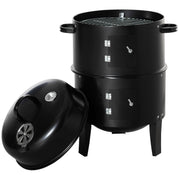 Outsunny - 3-in-1 Vertical Charcoal BBQ Smoker, 16" Round Barbecue Grill with 2 Cooking Areas and Thermometer, Black