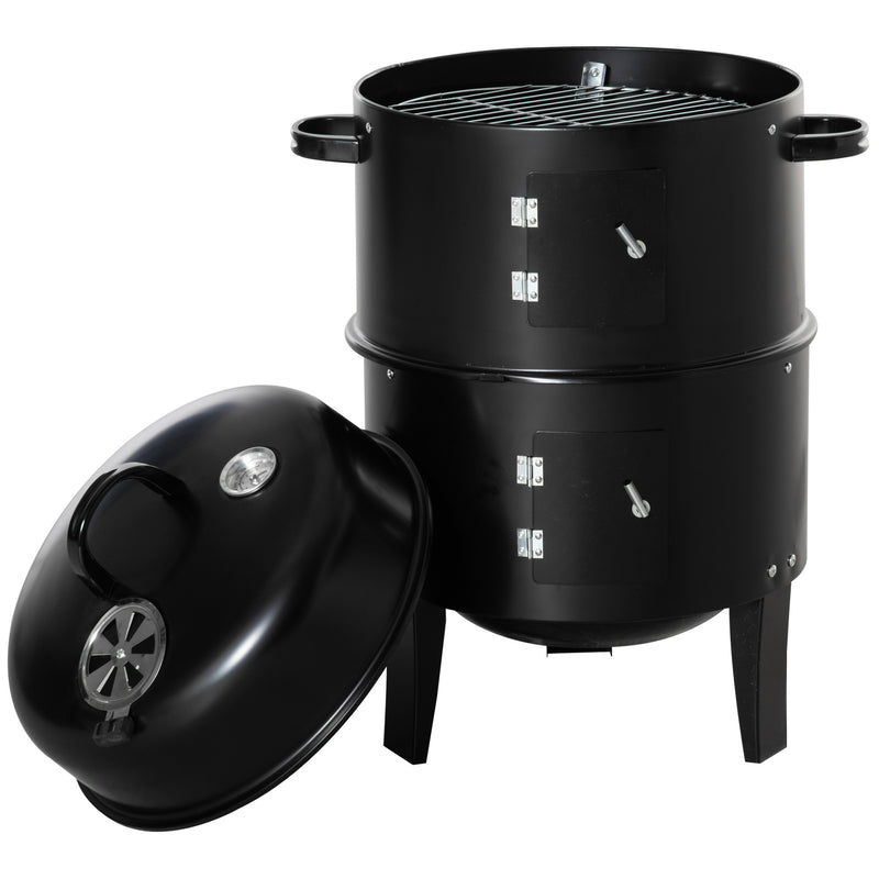 Outsunny - 3-in-1 Vertical Charcoal BBQ Smoker, 16" Round Barbecue Grill with 2 Cooking Areas and Thermometer, Black