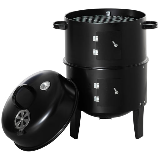 Outsunny - 3-in-1 Vertical Charcoal BBQ Smoker, 16" Round Barbecue Grill with 2 Cooking Areas and Thermometer, Black